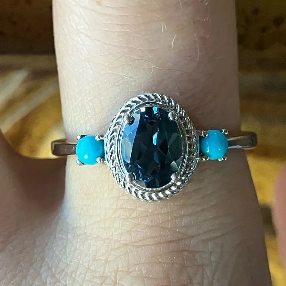 London Blue Topaz Sleeping Beauty Turquoise Sterling Silver Ring Size 10